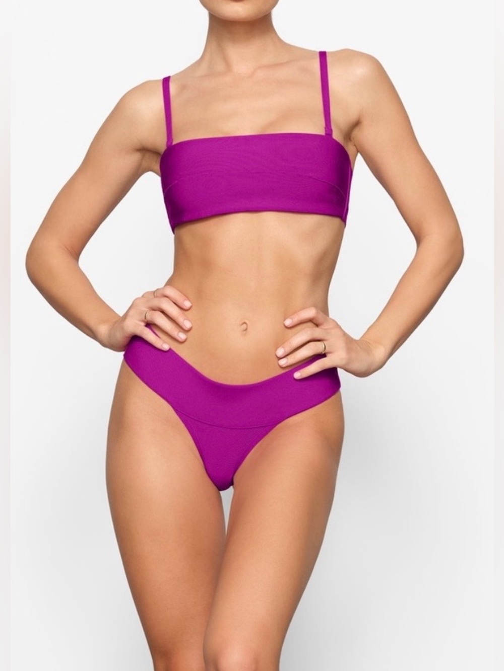 SKIMS 2Pc SET Knit Swim Bandeau Bikini Top & Bottom Lollipop Magenta Size XXS
